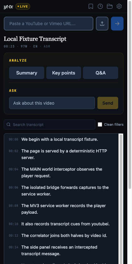 yt-transcript — screenshot of the live app